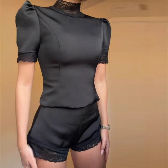 Damen Satin Schlafshorts mit Spitzenverzierung EB
