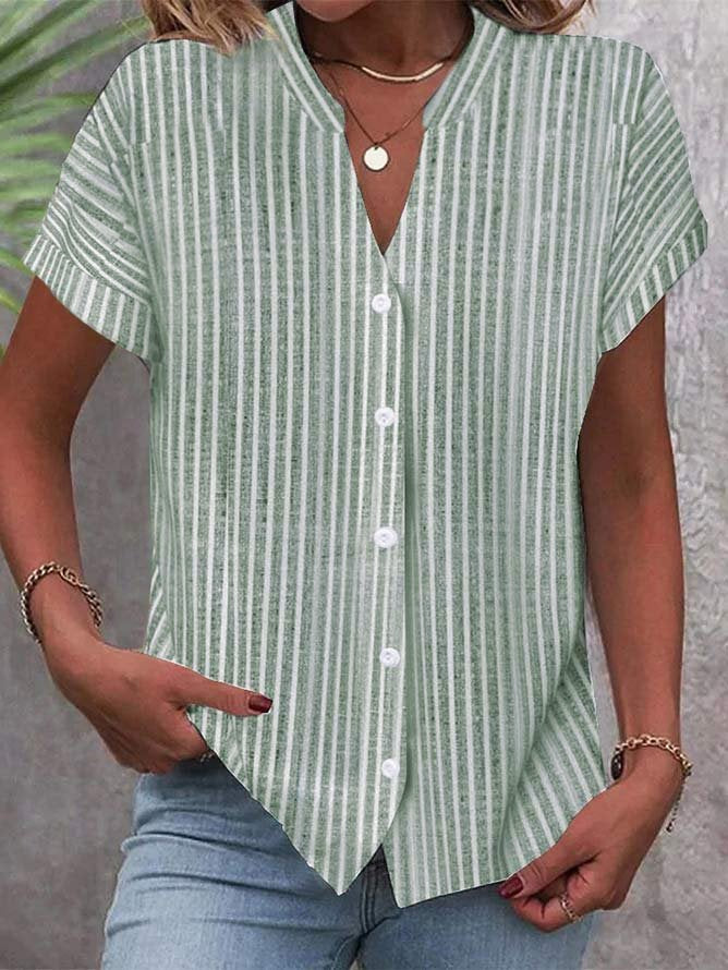 Damen Kurzarm-Bluse mit V-Ausschnitt und Streifenmuster EB