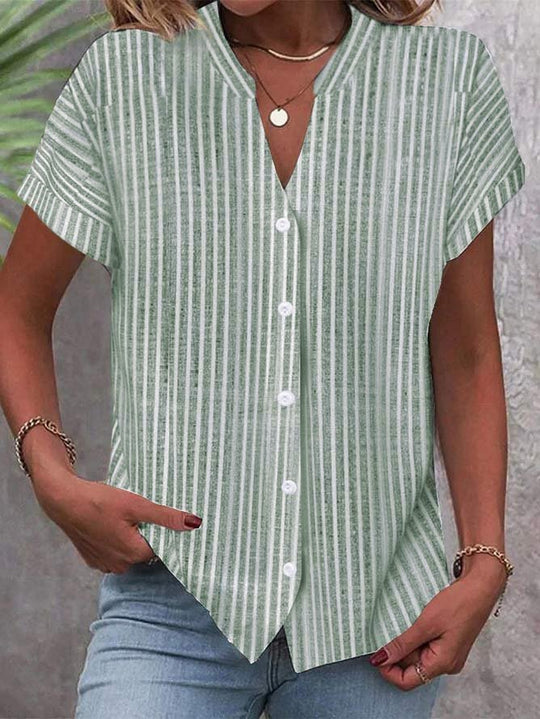 Damen Kurzarm-Bluse mit V-Ausschnitt und Streifenmuster EB