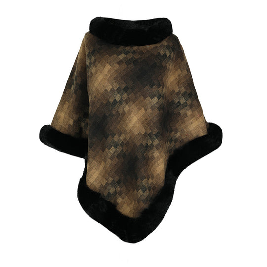 Damen modischer Poncho mit luxuriösem Kunstpelzkragen EB