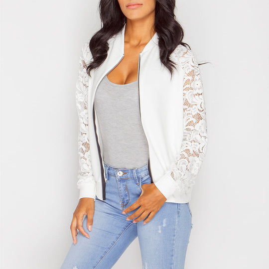 Damen Sportliche Bomberjacke mit Spitzenärmel EB