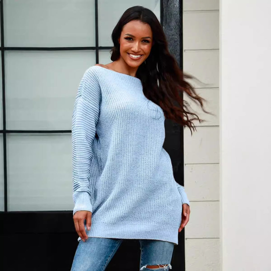 Damen lässiger Strickpullover mit weitem Ausschnitt und Rippstruktur EB