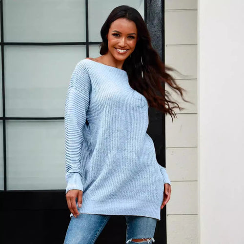 Damen lässiger Strickpullover mit weitem Ausschnitt und Rippstruktur EB