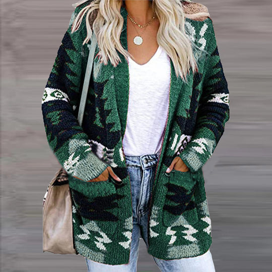 Damen Strickjacke im modernen Ethno-Design mit aufgesetzten Taschen und lässigem Schnitt EB