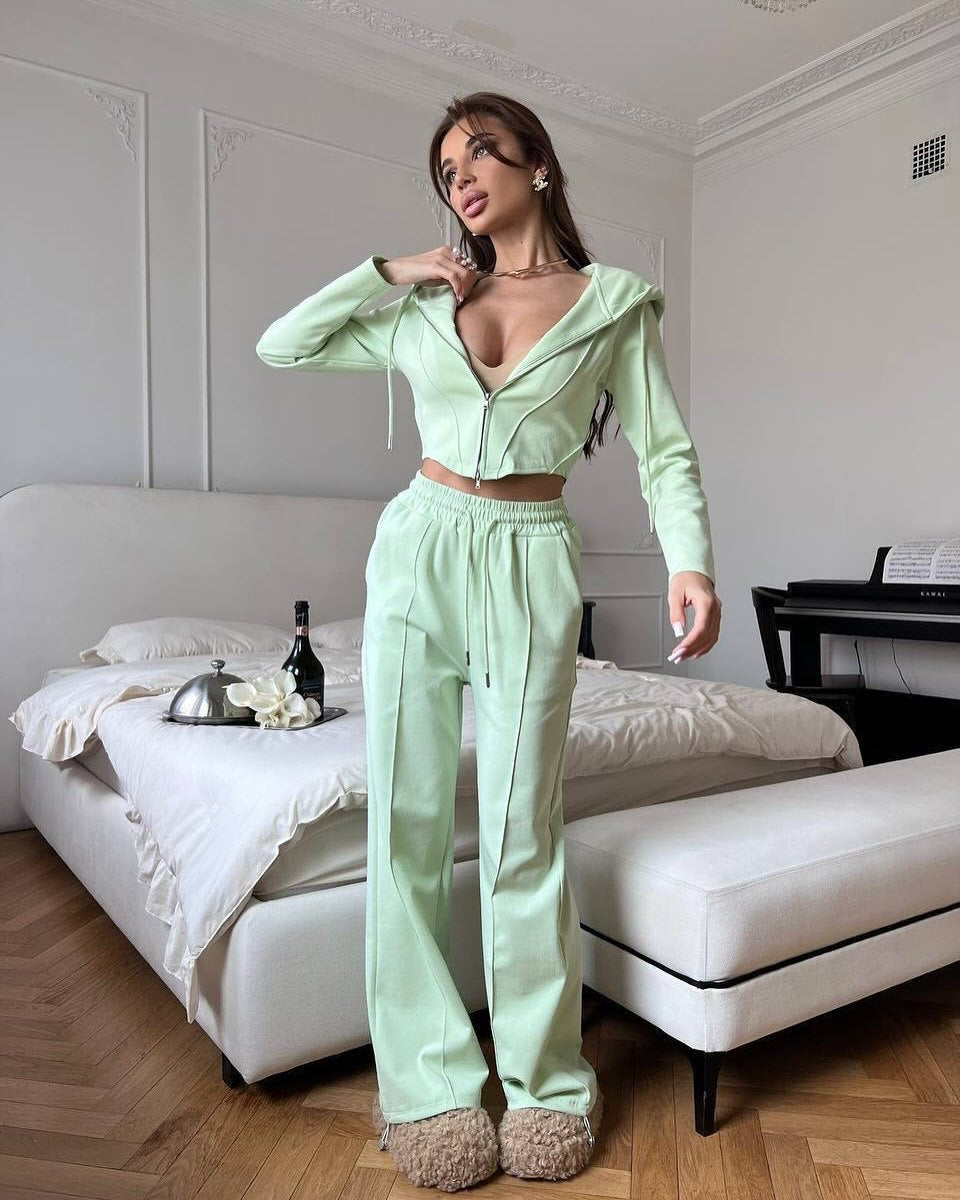 Damen tailliertes Cropped-Kapuzensweatshirt mit verdecktem Reißverschluss und High-Waist Wide-Leg Jogginghose Set EB