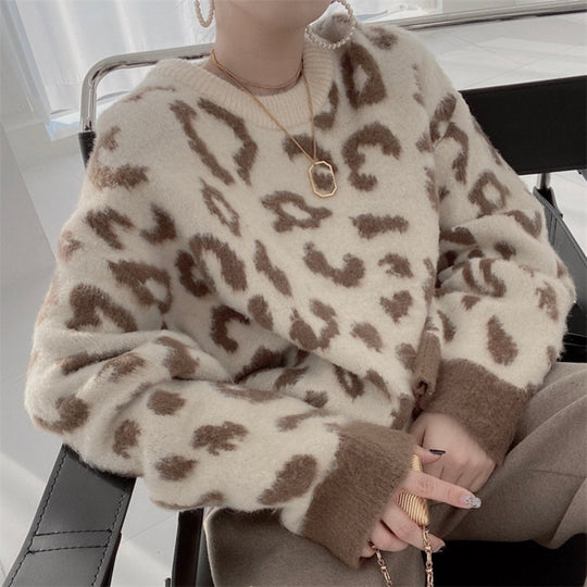Damen Flauschiger Leopardenmuster Pullover EB