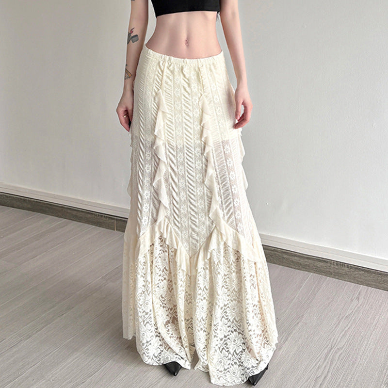 Damen eleganter Maxirock mit raffinierten Rüschen und Spitzenakzenten EB