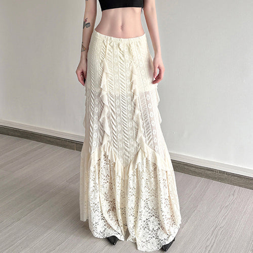 Damen eleganter Maxirock mit raffinierten Rüschen und Spitzenakzenten EB