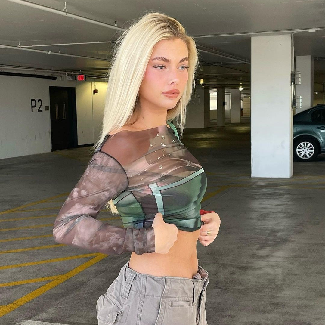 Damen Langarm Crop-Top mit transparenten Akzenten und grafischem Design EB