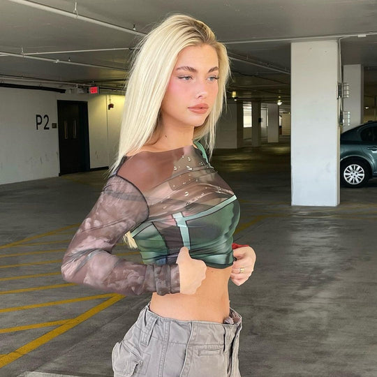 Damen Langarm Crop-Top mit transparenten Akzenten und grafischem Design EB
