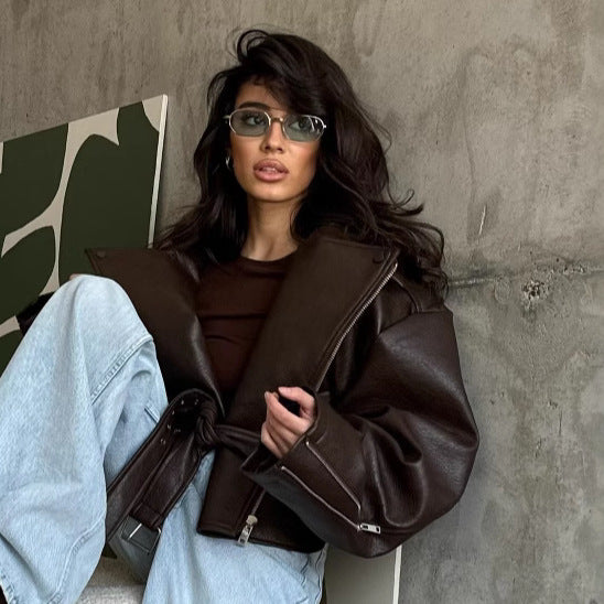 Damen Übergröße Kunstlederjacke im lässigen Stil EB