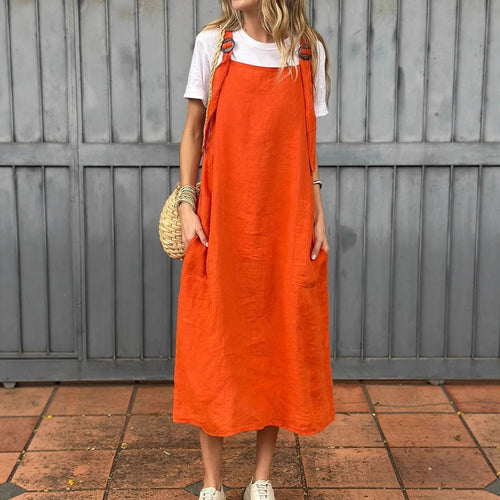 Damen lässiges Leinenkleid mit praktischen Taschen und verstellbaren Trägern EB
