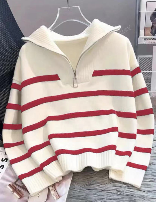 Damen Gestreifter Halb-Reißverschluss Strickpullover mit Rippenkragen EB