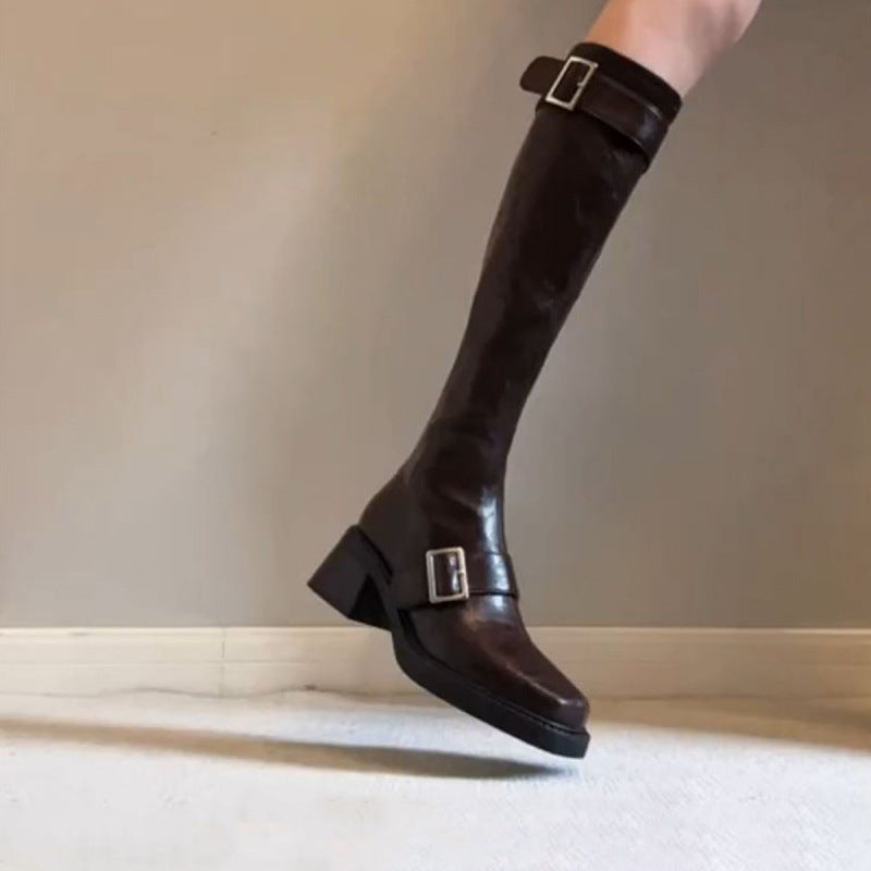 Damen modische Stiefel mit elegantem Schnallenverschluss und robustem Blockabsatz EB