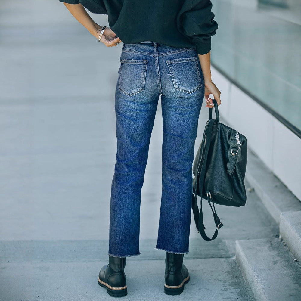 Damen Cropped Jeans mit modischen Rissen und lässigem Saum EB