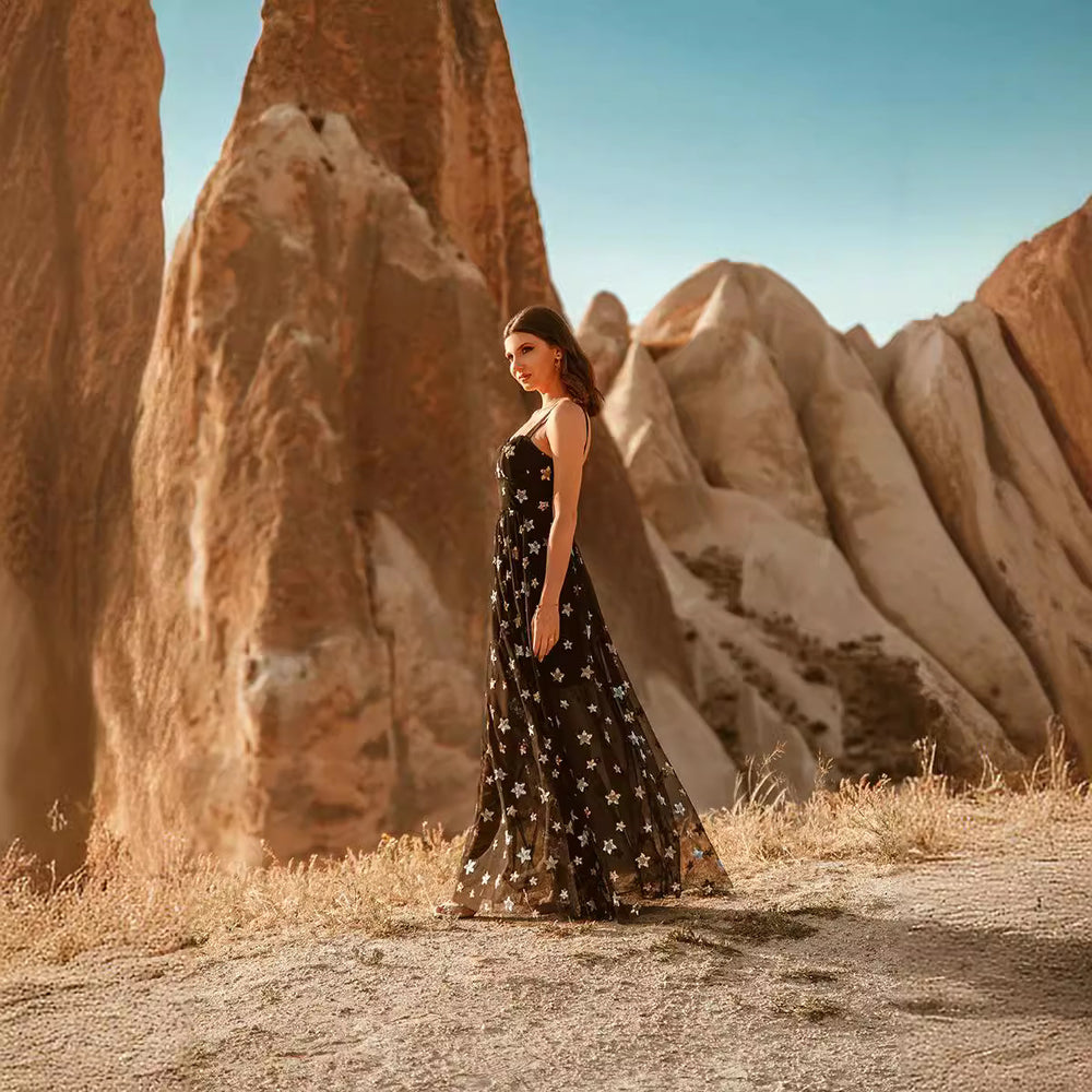 Damen Elegantes Abendkleid aus transparentem Stoff mit Sternenapplikationen EB