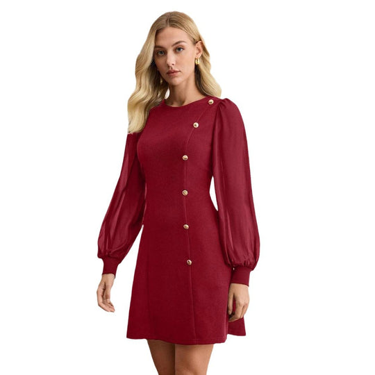 Damen elegantes Minikleid mit Puffärmeln und dekorativen Knopfdetails EB