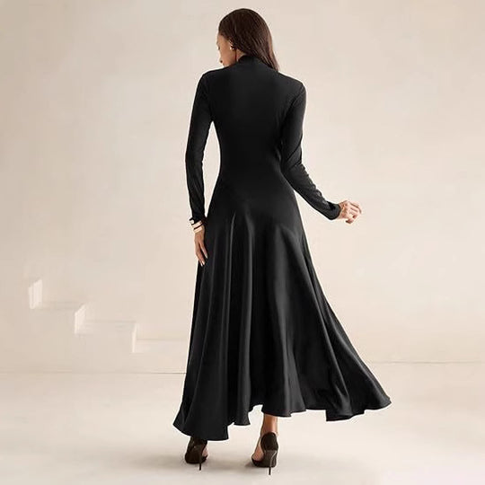 Damen Elegantes Langarm Maxikleid mit hohem Kragen und fließendem Rock EB