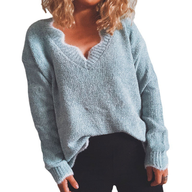 Damen lässiger Strickpullover mit weitem V-Ausschnitt und asymmetrischem Saum EB