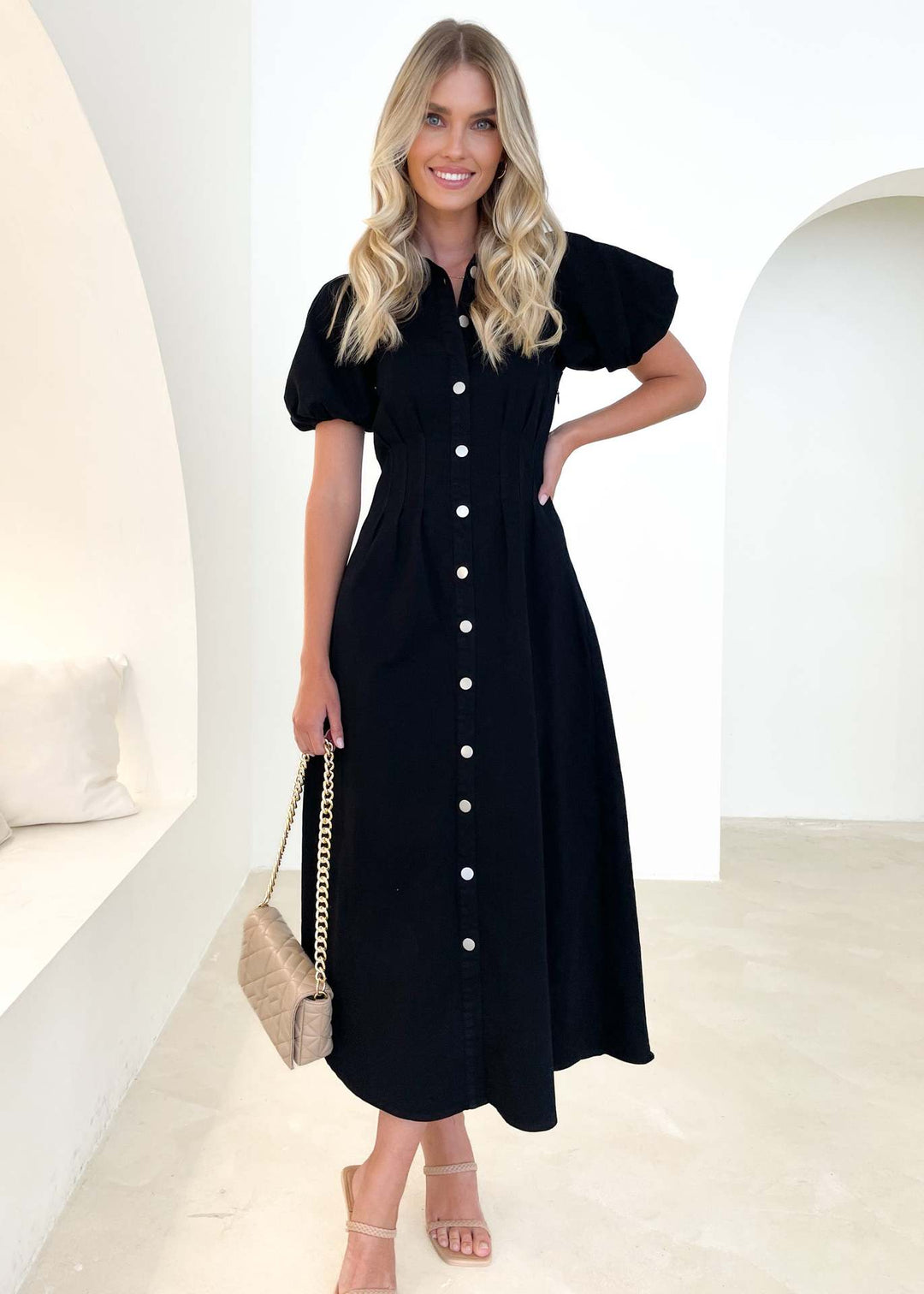 Damen Knielanges Hemdkleid mit Puffärmeln und Knopfverschluss EB
