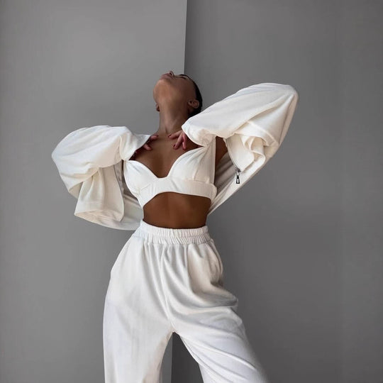 Damen Cropped Samt-Zip-Hoodie mit ausgestellten Ärmeln und fließender High-Waist Loungehose EB