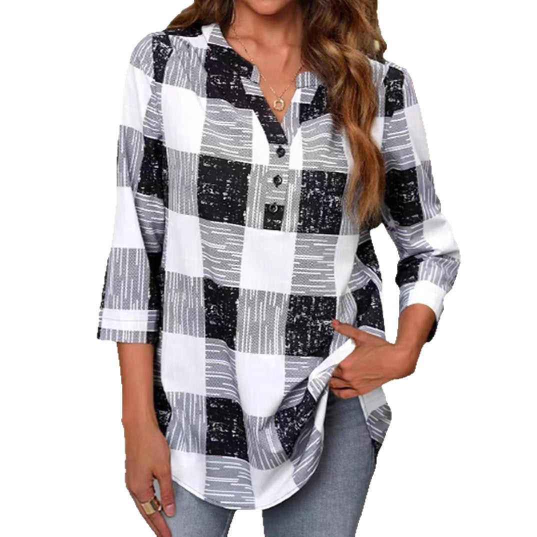 Damen nan lockere karierte Tunika-Bluse mit halbem Knopfverschluss und abgerundetem Saum EB