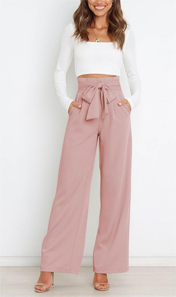 Damen Weite High-Waist Paperbag-Hose mit Bundfalten und Bindegürtel EB