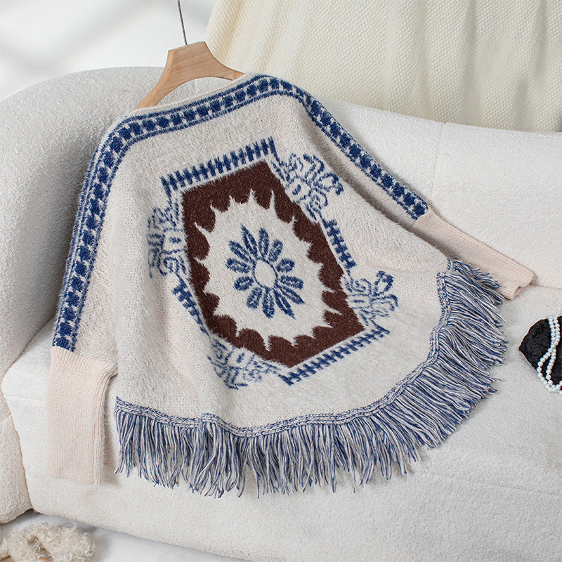 Damen eleganter Strickponcho mit kunstvollem Muster und fransigem Abschluss EB