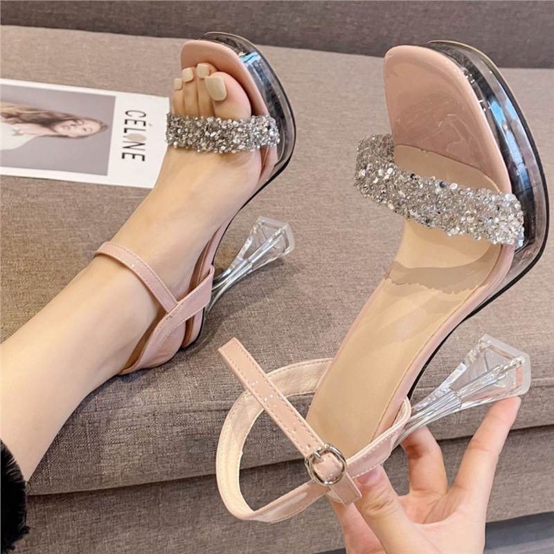 Damen High Heel Sandalen mit funkelnden Strassverzierungen und klarem Blockabsatz EB