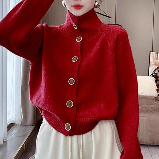 Damen kuscheliger Hochkragen-Cardigan mit Knopfdetails EB