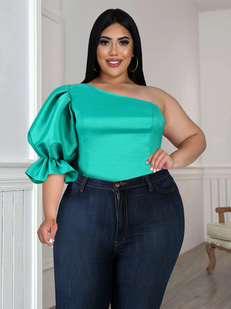 Damen Bluse mit asymmetrischem Ausschnitt und voluminösen Puffärmeln EB