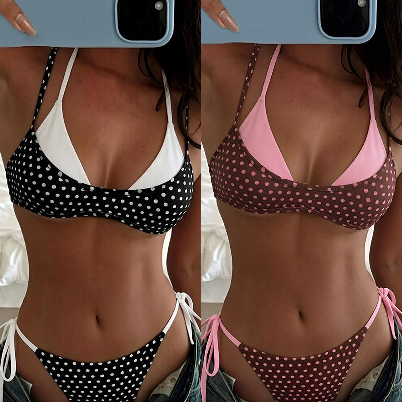 Damen Triangel-Bikini mit verspieltem Punktmuster und verstellbaren Bindebändern EB