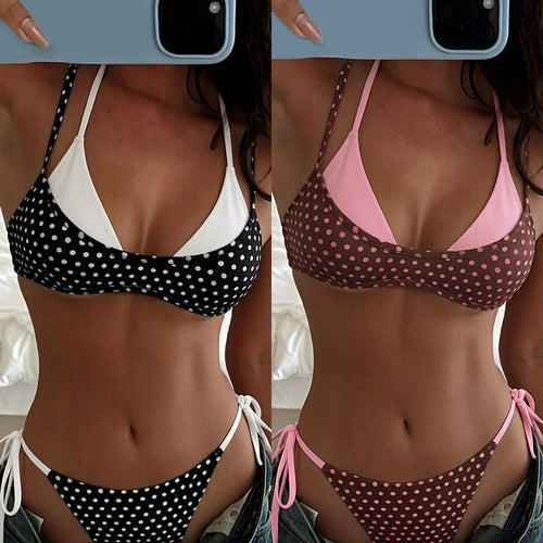 Damen Triangel-Bikini mit verspieltem Punktmuster und verstellbaren Bindebändern EB