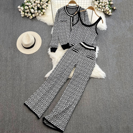 Damen modisches Strick-Loungewear-Set mit geometrischem Muster und Cardigan EB