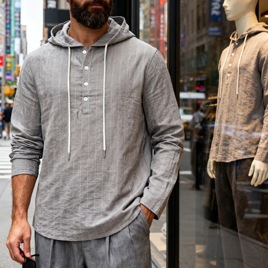 Herren nan Kapuzenshirt aus Leinenmix mit halber Knopfleiste und Nadelstreifen EB