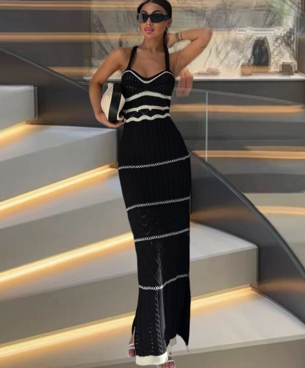 Damen Strick-Maxikleid mit raffinierten Häkelmustern und seitlichem Schlitz EB