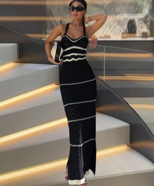 Damen Strick-Maxikleid mit raffinierten Häkelmustern und seitlichem Schlitz EB