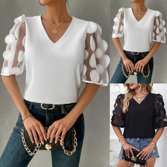 Damen V-Ausschnitt Bluse mit transparenten Puffärmeln EB