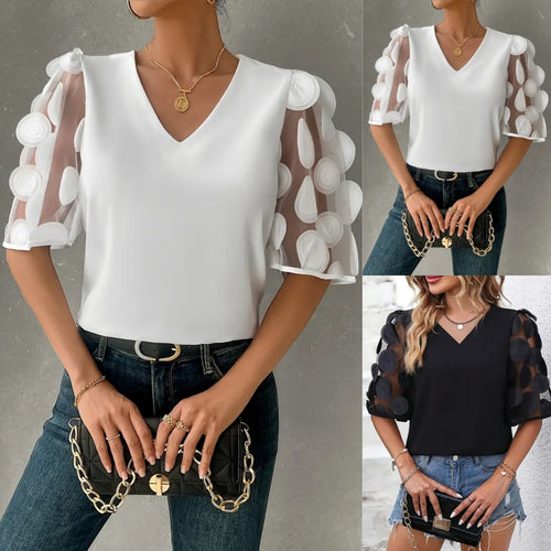 Damen V-Ausschnitt Bluse mit transparenten Puffärmeln EB