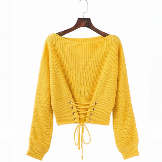 Damen Pullover mit tiefem Rückenausschnitt und dekorativen Schnürdetails EB