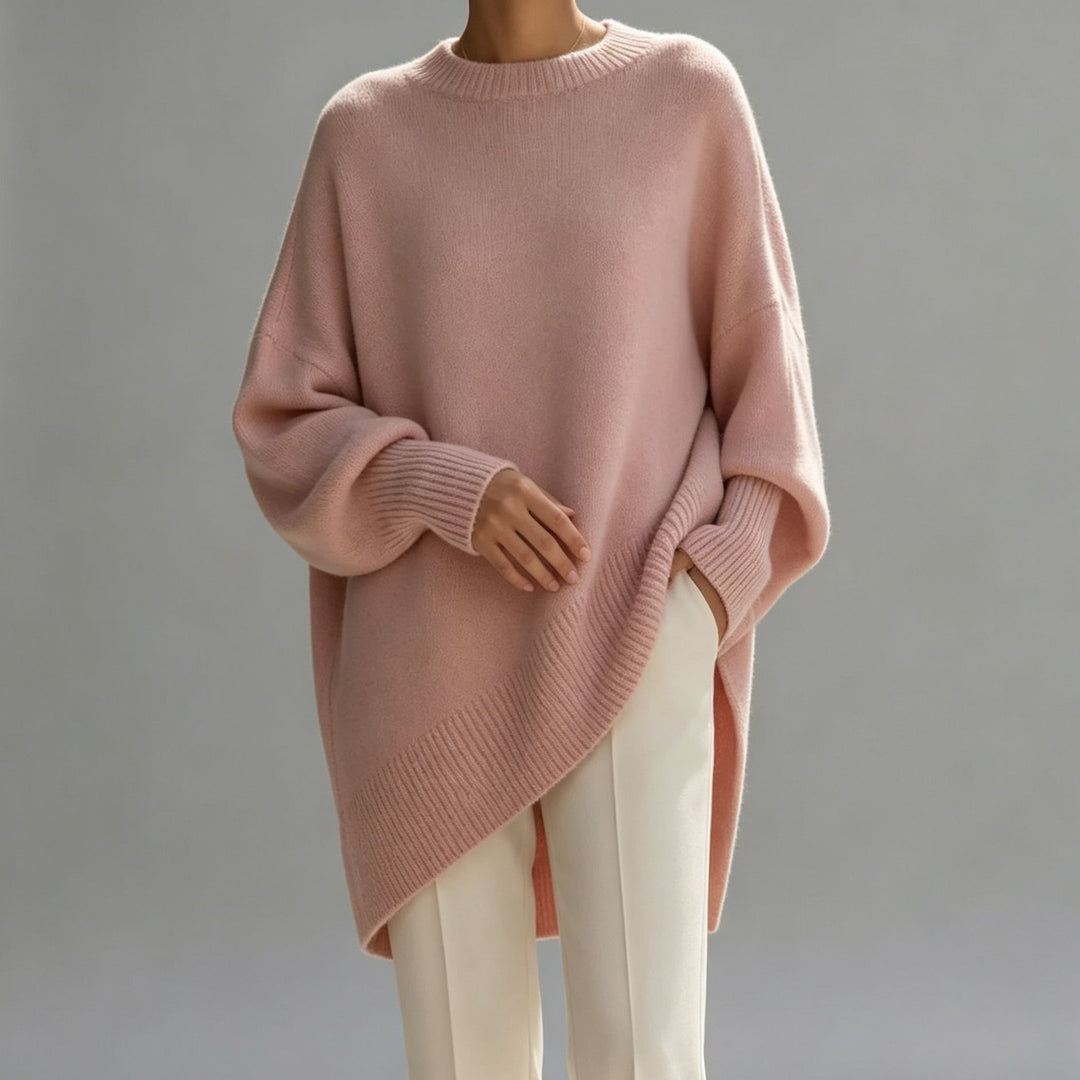 Damen Oversize Longline Feinstrick-Pullover mit Raglanärmeln und geripptem Saum EB