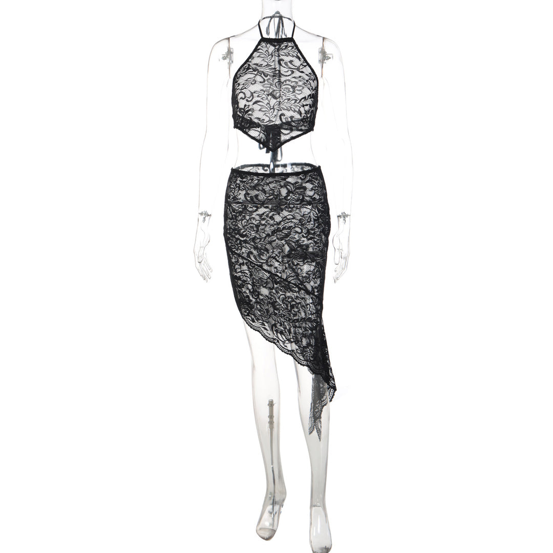 Damen Spitzenkleid mit asymmetrischem Saum und Halterdesign EB
