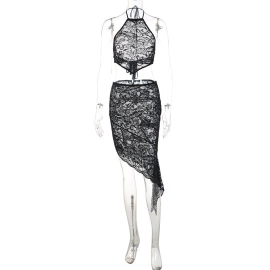 Damen Spitzenkleid mit asymmetrischem Saum und Halterdesign EB