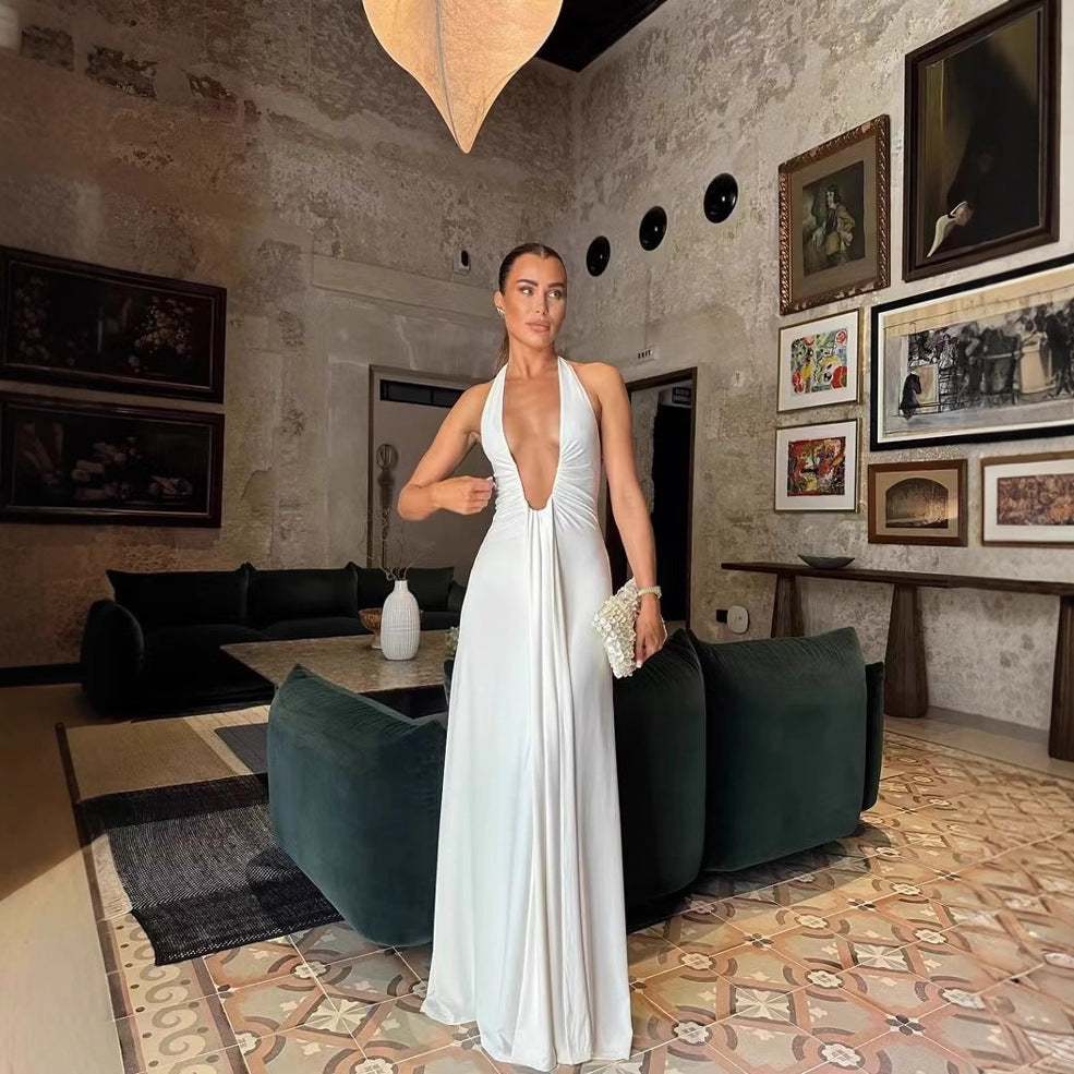 Elegantes Damen Maxikleid mit Tiefem V-Ausschnitt & Rüschendesign für Abend & Events | EB