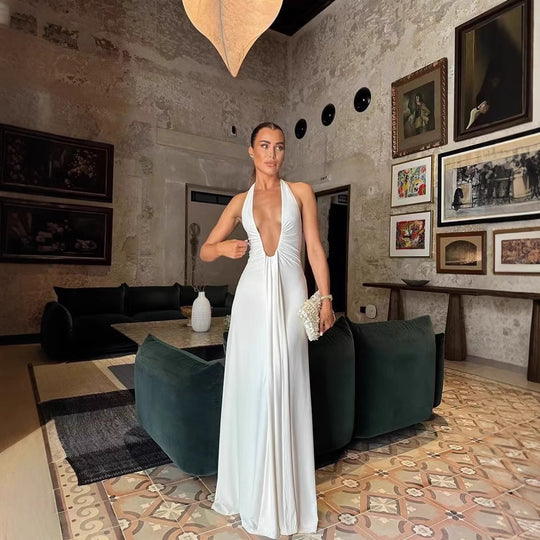 Elegantes Damen Maxikleid mit Tiefem V-Ausschnitt & Rüschendesign für Abend & Events | EB