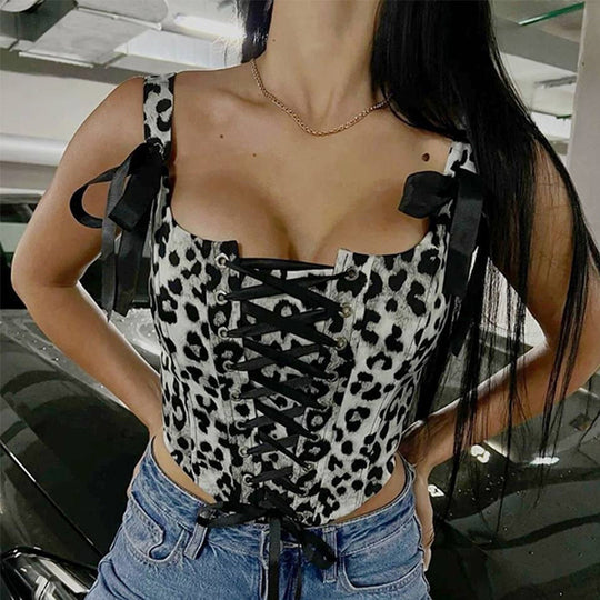 Damen Tiermuster Crop-Top mit Schnürung EB