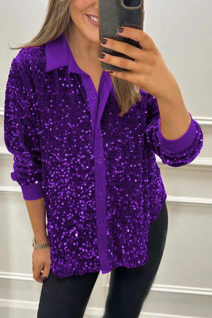 Damen Glitzernde Bluse aus Pailletten mit klassischem Kragen EB