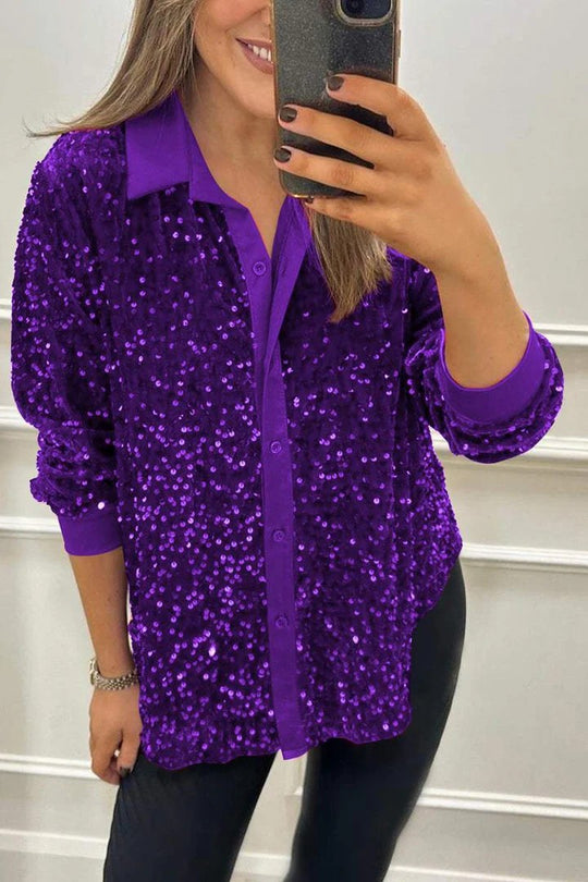 Damen Glitzernde Bluse aus Pailletten mit klassischem Kragen EB