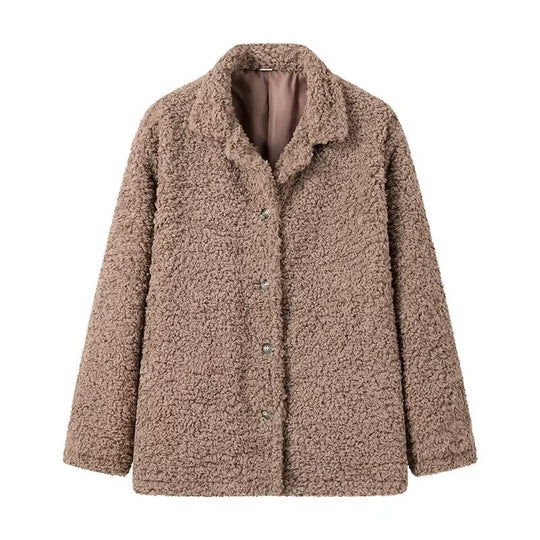 Damen kuschelige Fleecejacke mit Knopfverschluss und hohen Kragen EB