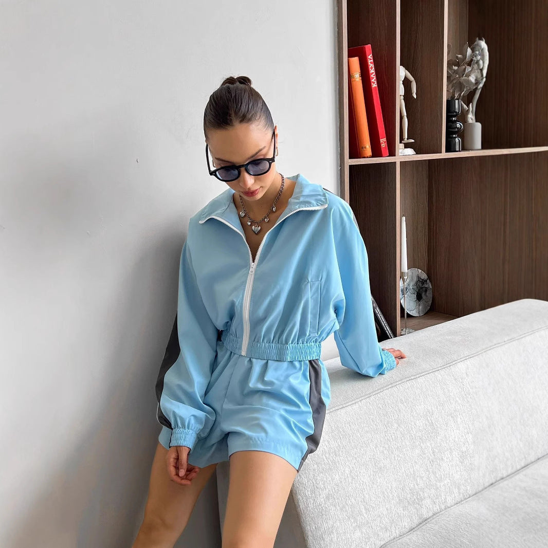 Damen nan kurzes Sport-Trackset mit Crop-Zip Jacke und elastischer Highwaist-Shorts EB